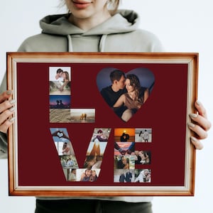 Love Photo Collage, Valentine&#39;s Day Gift, Couple Collage, Anniversary Gift, Gifts for Him, Gifts for Her, Heart Photo Collage Canva Template
