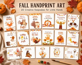 May include: A collection of 15 rectangular cards featuring Fall Handprint Art with the text Fall Handprint Art 20 Creative Keepsakes for Little Hands. Each card displays seasonal illustrations like pumpkins, owls, turkeys, and foxes with handprints.