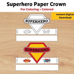 Peut inclure: Modèle de couronne en papier de super-héros imprimable. La couronne présente une forme de diamant rouge et jaune avec le mot "SUPERHERO" sur une bannière blanche. La couronne est présentée en version colorée et non colorée.