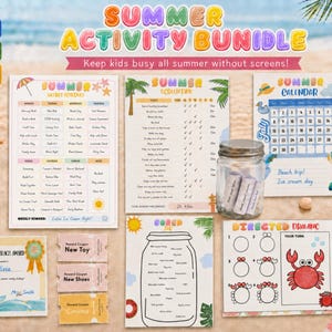 May include: A summer activity bundle featuring printed sheets including a weekly schedule, chore chart, July calendar, reward coupons, a bored jar list, and a directed drawing page with a crab illustration, all displayed on a sandy beach background.
