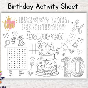 Tovaglietta modificabile per attività di compleanno del decimo anno: divertente pagina da colorare per feste (stampabile)