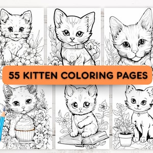 Kitten Coloring Page Bundle, Printable Kitten Coloring Book, Cute Kitten Adult & Kid Coloring, Grayscale Kitten, Kid Birthday Party Activity