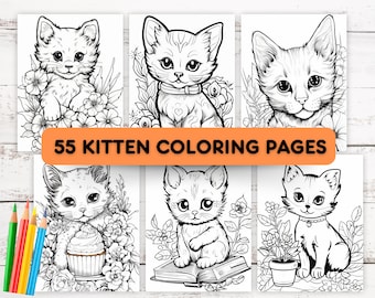 Kitten Coloring Page Bundle, Printable Kitten Coloring Book, Cute Kitten Adult & Kid Coloring, Grayscale Kitten, Kid Birthday Party Activity