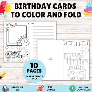 Cartão de colorir de feliz aniversário para imprimir, cartão de felicitações de aniversário, atividade de aniversário, cartão de aniversário faça você mesmo para crianças, presente faça você mesmo, colorir, cortar e dobrar