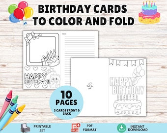 Happy Birthday Coloring Card Printable, Birthday Greeting Card, Birthday Activity, DIY Birthday Card for Kids, DIY Gift, Color, Cut & Fold