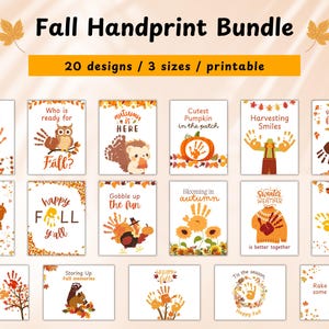 Puede incluir: Un conjunto de 20 diseños de huellas de manos con temática otoñal, imprimibles en tres tamaños. Los diseños presentan elementos de otoño como hojas, calabazas y animales, con frases como "Hello Autumn" y "Happy Fall Y'all".