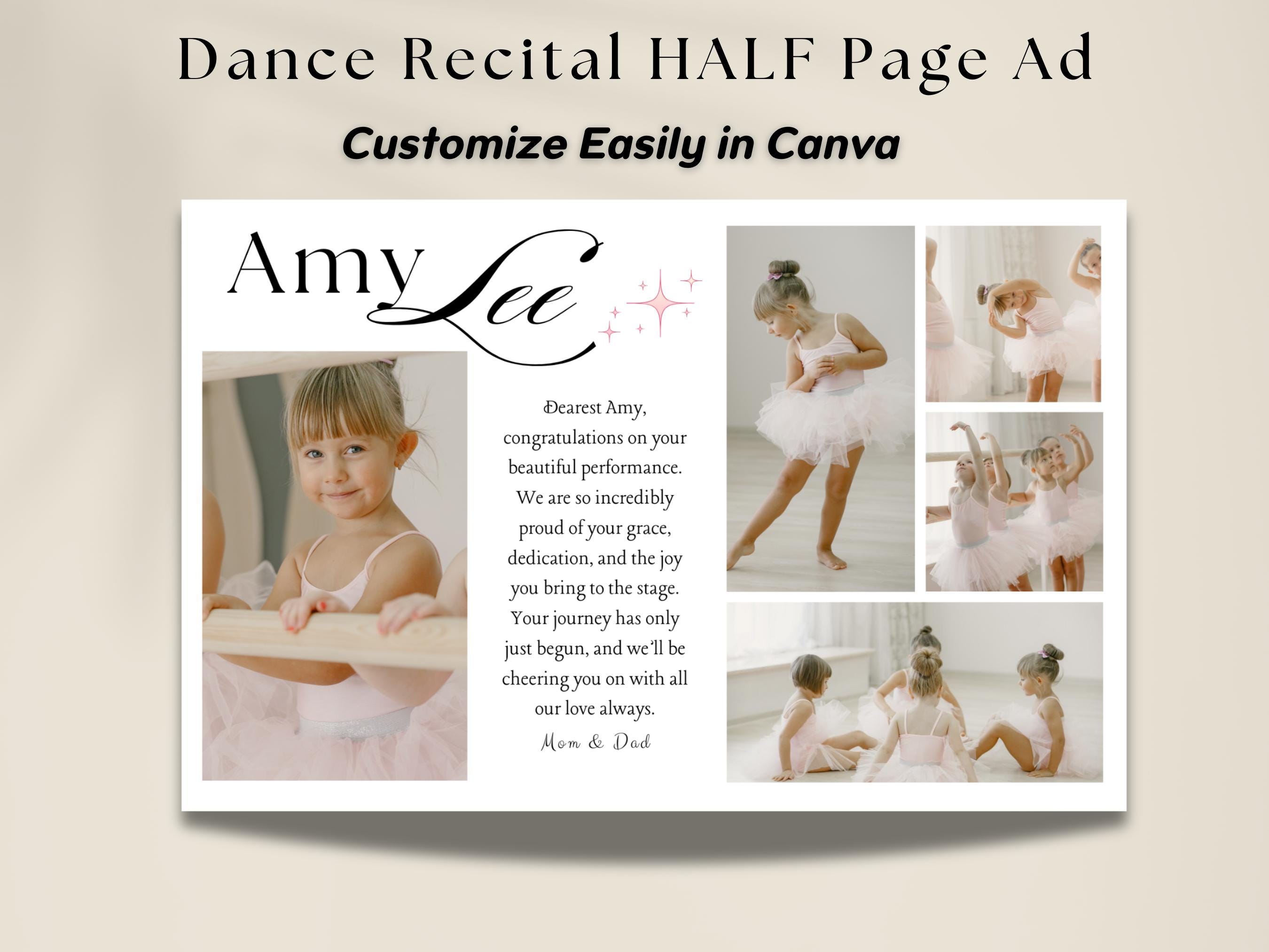HALF Page Dance Recital Ad Template, Dance Recital Program Ad Tribute, Ballerina Dance Yearbook Tribute Page, Photo Collage Dance Template