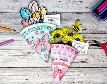 Mother's Day Build a Bouquet Crafts, Printable Flower Crafts, Mothers Day Activities, Mothers Day DIY Coloring, Mom Printable Gift from Kids