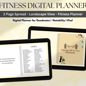 以下が含まれることがあります： Goodnotes、Notability、iPad 用のデジタルプランナー。プランナーは 2 ページに開かれており、1 ページはインデックス、もう 1 ページは「Fitness All-in-One Planner」というタイトルになっています。ページはベージュで、黒いテキストと運動している人のイラストが描かれています。