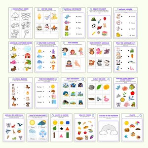 May include: A set of educational activity cards for children. The cards feature various themes, including animal movements, weather clothing, and shapes in nature. Each card has colorful illustrations and prompts for learning and matching activities.