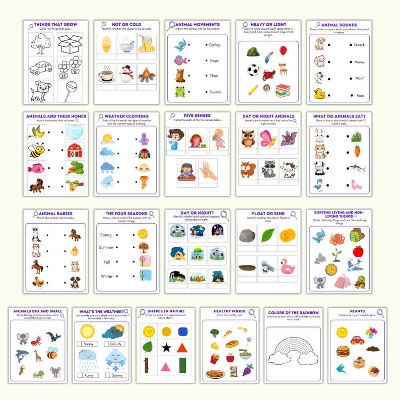 May include: A set of educational activity cards for children. The cards feature various themes, including animal movements, weather clothing, and shapes in nature. Each card has colorful illustrations and prompts for learning and matching activities.
