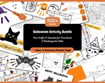 May include: A Halloween activity bundle featuring over 100 pages of printable crafts and games for children. The collection includes coloring sheets, shape matching, addition exercises, and finger puppets with black cats, ghosts, and pumpkins.