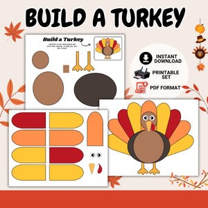 Op de afbeelding: Printbare "Bouw een kalkoen" set met instructies en uitgesneden stukken. Bevat een kalkoenlichaam, veren, poten, ogen en een snavel in verschillende kleuren. De woorden "Build a Turkey", "Instant Download", "Printable Set" en "PDF Format" zijn zichtbaar.