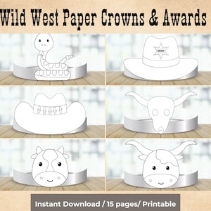 Wild West Cowboy Hat Paper Crowns and Rewards, Kids Coloring Craft Cowgirl & Cowboy Activity Wild West Costume Birthday Printable Kids Craft