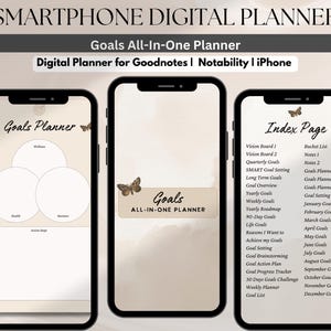 May include: Three digital phone screens displaying a goal planner template. The screens are labelled "Goals Planner", "Goals All-In-One Planner", and "Index Page". The screens are beige with a butterfly graphic and text in black.