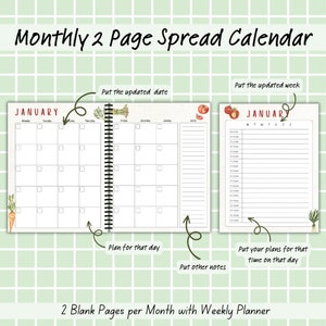 K&ouml;nnte beinhalten: Ein zweiseitiger Monatskalender mit einem Wochenplaner. Die Kalenderseite verf&uuml;gt &uuml;ber ein einfaches Rasterlayout mit Feldern f&uuml;r jeden Tag des Monats. Die Wochenplanerseite enth&auml;lt eine Liste der Zeiten f&uuml;r jeden Tag der Woche. Der Kalender ist mit einer Aquarell-Illustration von Gem&uuml;se und Obst verziert.