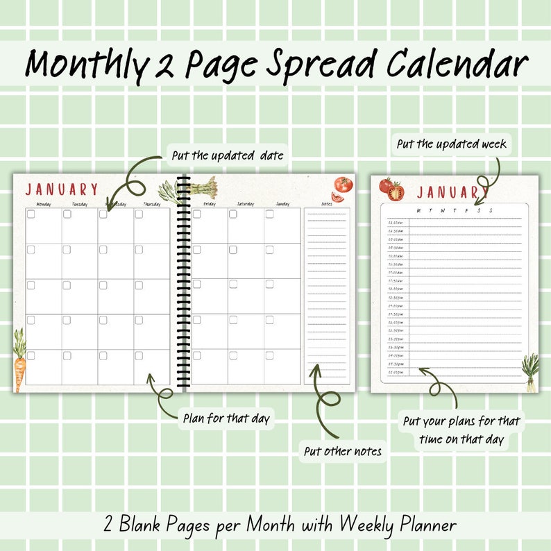 K&ouml;nnte beinhalten: Ein zweiseitiger Monatskalender mit einem Wochenplaner. Die Kalenderseite verf&uuml;gt &uuml;ber ein einfaches Rasterlayout mit Feldern f&uuml;r jeden Tag des Monats. Die Wochenplanerseite enth&auml;lt eine Liste der Zeiten f&uuml;r jeden Tag der Woche. Der Kalender ist mit einer Aquarell-Illustration von Gem&uuml;se und Obst verziert.