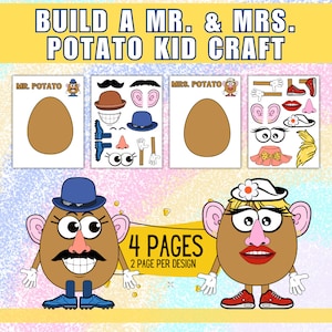以下が含まれることがあります： ミスターポテトヘッドとミセスポテトヘッドをフィーチャーした、子供向けの印刷可能なクラフトアクティビティ。印刷可能なファイルには、各キャラクターのページが2ページずつ含まれており、1ページは空白のポテトの形、もう1ページはさまざまな顔の表情やアクセサリーをつけた完成したキャラクターになっています。
