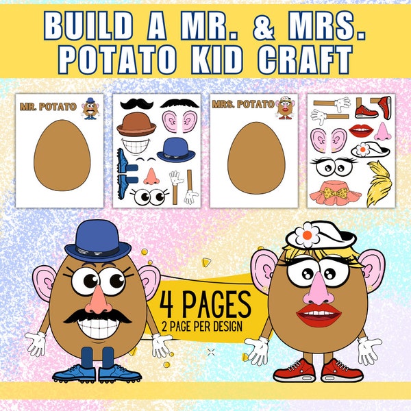 Build A Mr Potato and Mrs Potato Craft, Accessories Dress Up Paper Doll, Cut & Glue Preschool Activities, Printable Summer Craft for Kids