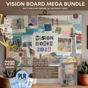 Puede incluir: Un mega paquete de vision board con el texto "Vision Board 2026". La imagen incluye un collage de fotos, un libro titulado "Vision Board" y un conjunto de tarjetas de afirmación. El paquete incluye 2200 imágenes, un cuaderno de trabajo de 100 páginas, plantillas y elementos recortados.