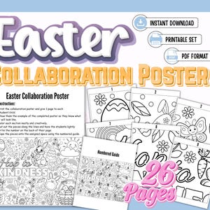 Peut inclure: Un ensemble d'affiches de collaboration de Pâques avec 26 pages, comprenant des pages à colorier avec des illustrations sur le thème de Pâques. Comprend des instructions, un guide numéroté et les mots "Easter Collaboration Poster", "Instant Download" et "Printable Set".