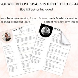 May include: Two resume templates in PDF format, one in full color with a pink circular accent and one in black and white. Both documents feature sections for education, work experience, awards, and references, with placeholder text and a photo.