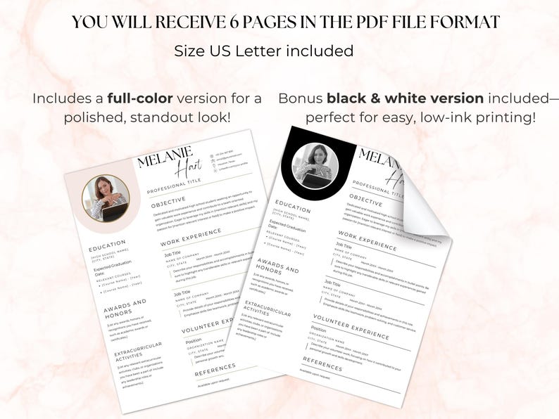 May include: Two resume templates in PDF format, one in full color with a pink circular accent and one in black and white. Both documents feature sections for education, work experience, awards, and references, with placeholder text and a photo.