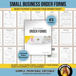 May include: A set of printable small business order forms, including price lists, invoices, and order tracking sheets. The image shows a central booklet titled "Small Business Order Forms" and the text "45 Pages".