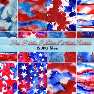 Patriottisch rood wit & blauw aquarel digitaal papier, Onafhankelijkheidsdag, 4 juli digitale ontwerpbundel, scrapbooking, JPG Instant Download