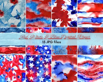 Rood wit en blauw aquarel digitale papierset, patriottische ontwerpen (JPG Instant Download)
