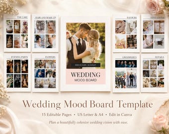 Puede incluir: Una plantilla de tablero de inspiración para bodas con 15 páginas editables en tamaños US Letter y A4. El diseño muestra varias secciones, incluyendo The Cake, Hair and Make Up, Favours, Invitations, Evening Party, Flowers, Groomsmen y Details.