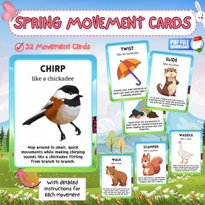 May include: A set of 32 colorful movement cards featuring animal illustrations and instructions for each movement. The cards are designed to help children learn about different animal movements and encourage physical activity. The cards include animals like a chickadee, otter, bear, squirrel, and duck.
