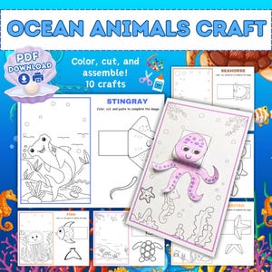 Artesanato de animais do oceano, artesanato de animais para imprimir, atividades pré-escolares de cortar e colar, atividades para educação domiciliar, atividades para crianças pequenas, construir uma água-viva