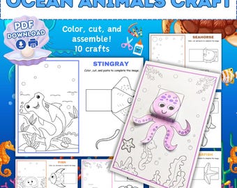 Artesanato de animais do oceano, artesanato de animais para imprimir, atividades pré-escolares de cortar e colar, atividades para educação domiciliar, atividades para crianças pequenas, construir uma água-viva
