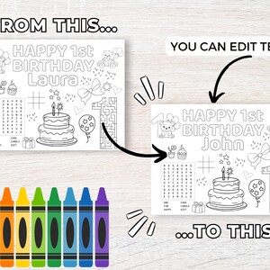 Puede incluir: Una p&aacute;gina para colorear blanca con el texto "HAPPY 1st BIRTHDAY Laura" e ilustraciones de una tarta, globos y un laberinto. La imagen tambi&eacute;n muestra un juego de l&aacute;pices de colores y el texto "YOU CAN EDIT TEXT!"
