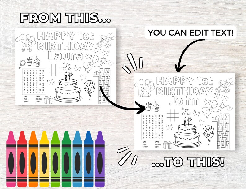 Puede incluir: Una p&aacute;gina para colorear blanca con el texto "HAPPY 1st BIRTHDAY Laura" e ilustraciones de una tarta, globos y un laberinto. La imagen tambi&eacute;n muestra un juego de l&aacute;pices de colores y el texto "YOU CAN EDIT TEXT!"