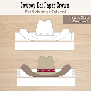 Cowboy Hat Paper Crown, Coloring Craft for Kids, Cowgirl & Cowboy Activity Wild West Costume Birthday Printable Favor Costume DIY Kids Craft