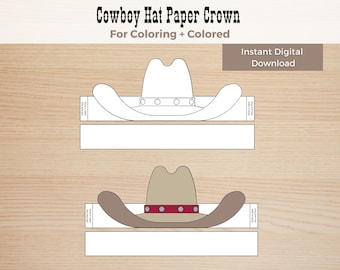 Op de afbeelding: Printbare papieren kroon in de vorm van een cowboyhoed. De sjabloon bevat twee hoeden, een in zwart-wit om in te kleuren en een in kleur. De tekst "Direct digitaal downloaden" staat bovenaan de afbeelding.