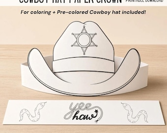 May include: A printable paper cowboy hat crown featuring a sheriff star badge on the front. Below the hat is a rectangular paper strip with two snake illustrations and the text "yee haw" written in a rope-style font for coloring.