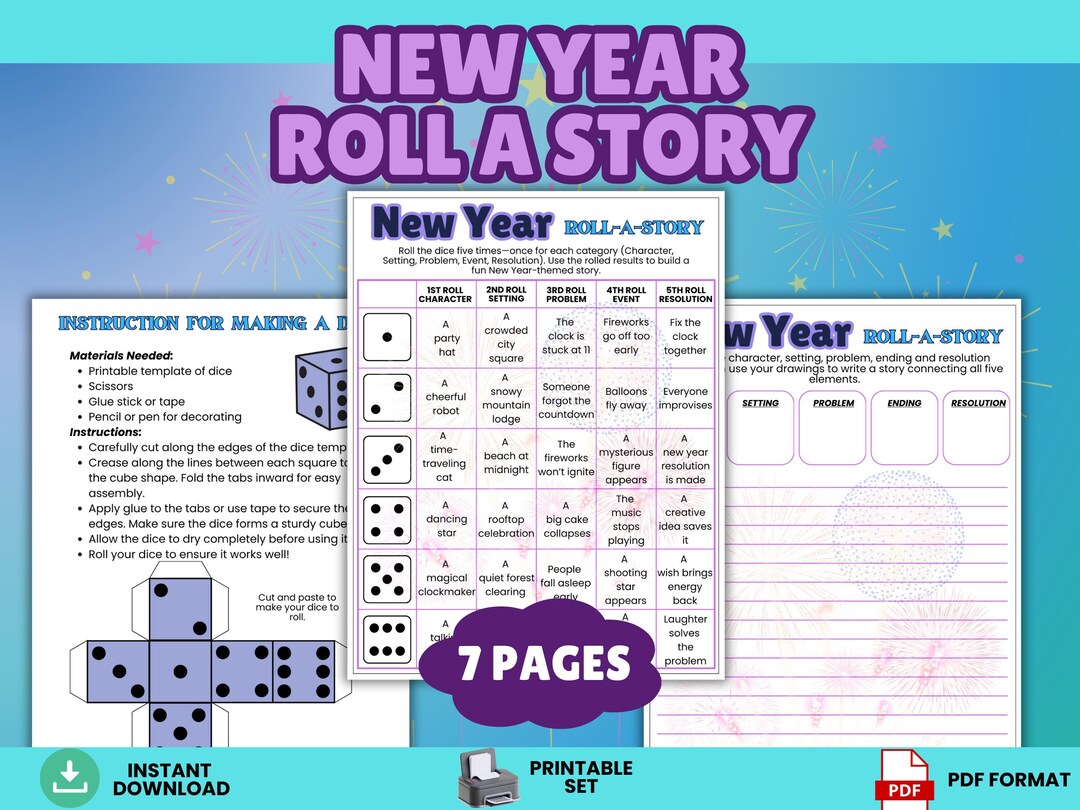 Roll a Story New Year Game, Dice Game for Kids, New Years Activities ...