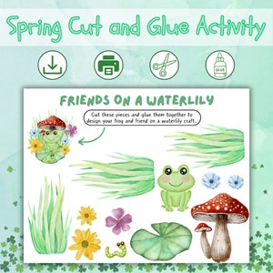 Spring Cut & Glue Activity, Build a Friends on a Waterlily Craft, Printable Cut and Glue Preschool Activities, Fine Motor Skills Activity