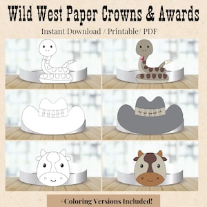 Wild West Cowboy Hat Paper Crowns, Reward Certificate, Kids Cowgirl & Cowboy Activity, Wild West Costume Favor Birthday Printable Kids Craft