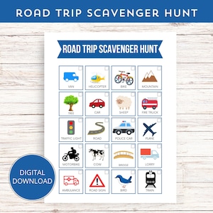 Road Trip Schnitzeljagd-Spiel, druckbare Auto Spiel, Autofahrt Spiele, Familienurlaub Aasfresser, Sommer Kinder Reisespiel, Road Trip Aktivitäten