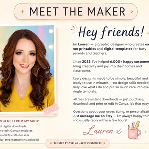 May include: A Meet the Maker graphic featuring a portrait of a person with long wavy auburn hair wearing a yellow jumper. The text introduces Lauren, a graphic designer of digital templates, and lists shop details including instant downloads.
