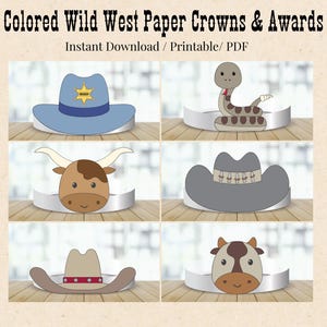 Wild West Paper Crown Bundle, Reward Certificates, Cowboy Sheriff Cowgirl Party Activity DIY Kids Craft Costume Birthday Favor Wanted Poster
