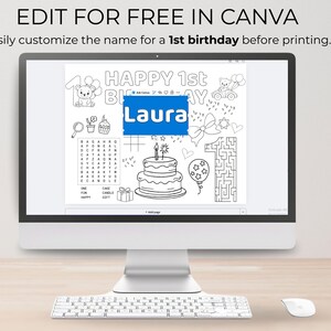 Puede incluir: Una pantalla de ordenador muestra una p&aacute;gina para colorear en blanco y negro para un primer cumplea&ntilde;os. La p&aacute;gina incluye una tarta, globos, un laberinto y el nombre "Laura" en azul. El texto en la parte superior dice "EDIT FOR FREE IN CANVA".