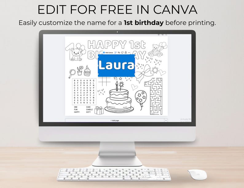 Puede incluir: Una pantalla de ordenador muestra una p&aacute;gina para colorear en blanco y negro para un primer cumplea&ntilde;os. La p&aacute;gina incluye una tarta, globos, un laberinto y el nombre "Laura" en azul. El texto en la parte superior dice "EDIT FOR FREE IN CANVA".