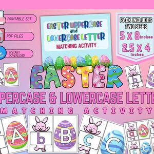 Actividad de emparejamiento del alfabeto de huevos de Pascua, emparejamiento de letras mayúsculas y minúsculas, actividad del alfabeto del conejito, actividades preescolares con tarjetas didácticas del abecedario