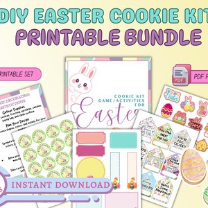 Op de afbeelding: Printbare paas-koekjesset met 27 pagina's vol activiteiten, decoraties en instructies. De set bevat een koekjesdecoratiegids, spelkaarten en stickers met paasmotieven. De tekst "DIY Easter Cookie Kit Printable Bundle" staat bovenaan de afbeelding.