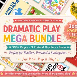 Pode incluir: Um pacote imprimível de jogo dramático com mais de 300 páginas em 9 conjuntos mais um bônus. A placa central exibe o texto: Printable Preschool Dramatic Play, Dramatic Play Mega Bundle, 300+ Pages, 9 Pretend Play Sets + Bonus.